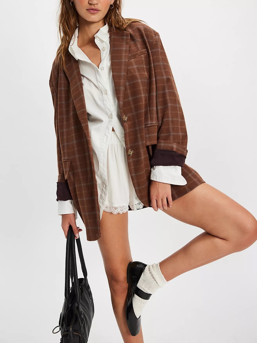 Free People Reggie Blazer Plaid Brown Combo Oversized Academia Preppy Jacket M